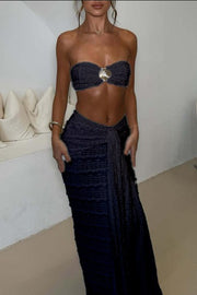 Fashion Metal Shell Embellished Sexy Bandeau and Elastic Tie Maxi Skirt Set