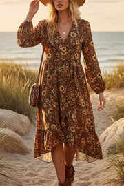 Floral Print V-neck Long-sleeved Casual Ruffle Midi Dress