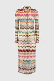 Anna Knit Colorful Herringbone Print Shirt Neck Button Long Sleeve Slim-fit Long Cardigan