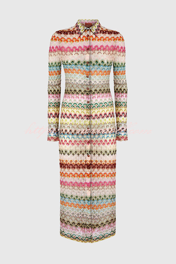 Anna Knit Colorful Herringbone Print Shirt Neck Button Long Sleeve Slim-fit Long Cardigan