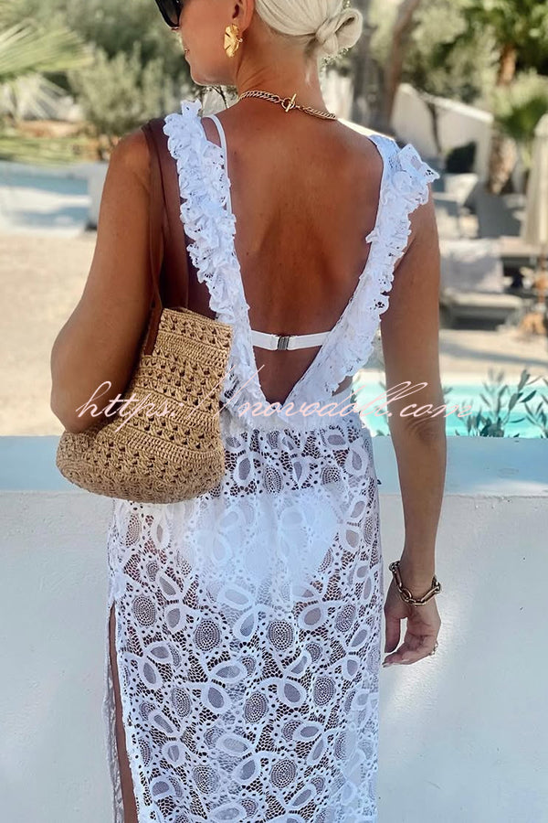 Swimsuit Partner Floral Lace Elastic Waist Back Ruffles Slit Vacation Dress