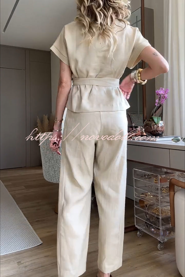 Emory Linen Blend Tie-up Short Sleeve Top and Elastic Waist Pocket Button Hem Pants Set