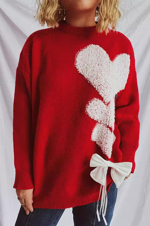 Love Jacquard Loose Cute Bowknitted Long Sleeve Sweater