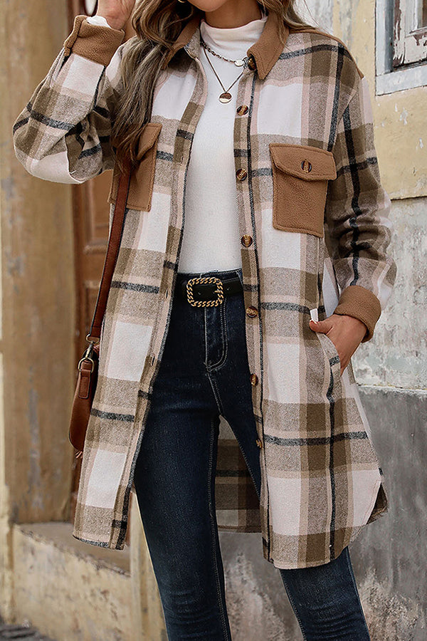Retro Plaid Casual Long-sleeved Pocket Mid-length Coat