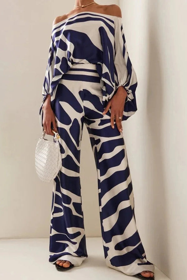 Coco Satin Unique Print Off Shoulder Dolman Sleeve Top and Loose Wide Leg Pants Set