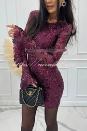 Deep and Dazzling Floral Texture Sequin Long Bell Sleeve Open Back Mini Dress