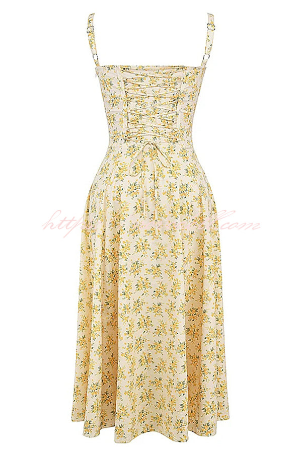 Vintage Floral Print Suspender Fit Lace Up Midi Dress
