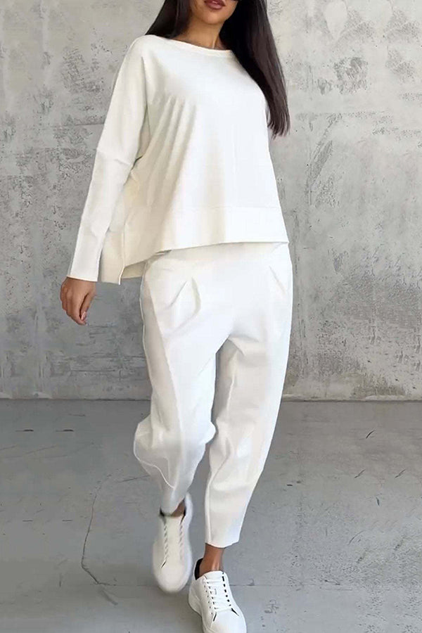 Solid Color Crew Neck Long-sleeved Irregular Loose Top and Elastic Waist Pocket Casual Pants Set
