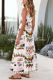 Unique Beach Vacation Print V-neck Suspenders Casual Wide-leg Jumpsuit