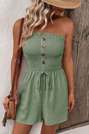 Solid Color Tube Top Button Pleated Casual Rompers