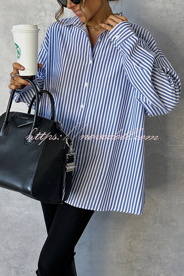 Fashionable Striped Printed Loose Long-sleeved Casual Shirt