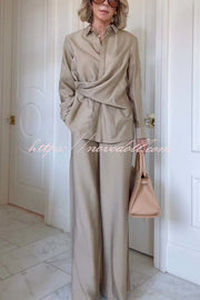 Juliette Cross-front Button Up Long Sleeve Shirt and Elastic Waist Pocket Loose Pants Set