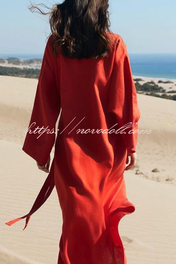 Linen Blend Solid Color Casual Lapel Tie Loose Maxi Dress