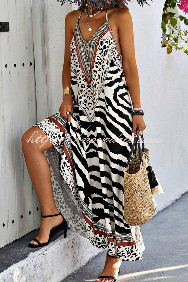Zebra Print V-neck Open Back Loose Maxi Dress