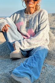 Letter Pattern Crew Neck Long Sleeve Loose Knit Sweater