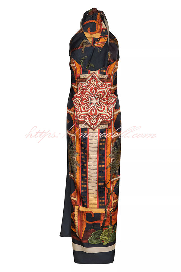 Jungle Elf Unique Print Halter Slit Midi Tank and Elastic Waist Wide Pants Set