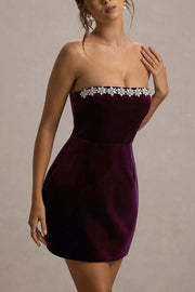 Effortlessly Elegant Velvet Jewel Embellished Trim Bandeau Mini Dress