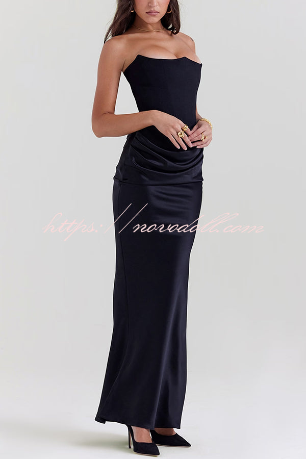 Attend The Gala Strapless Corset Satin Ruched Hip Drape Maxi Dress
