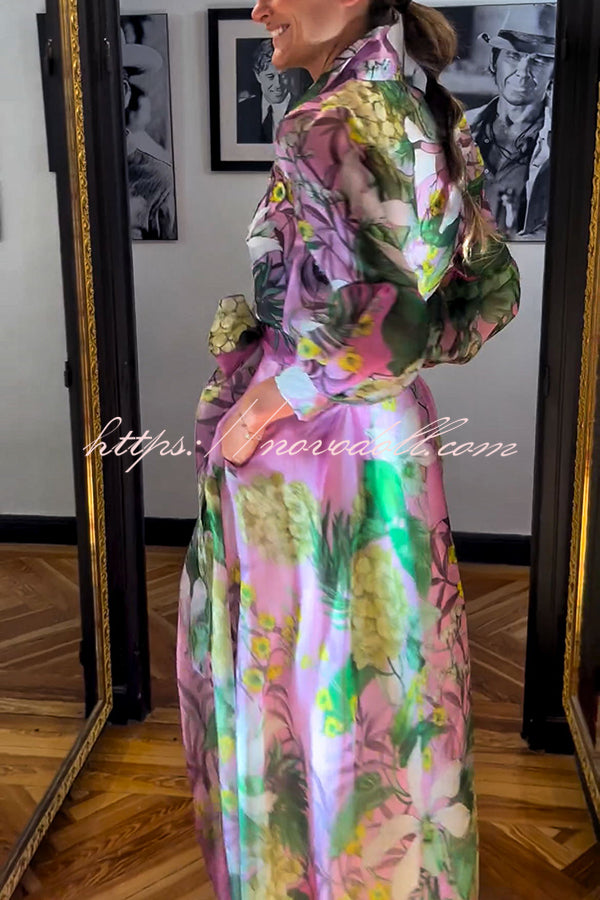 Seeds of Happiness Tulle Floral Print Balloon Sleeve Belt Blouse