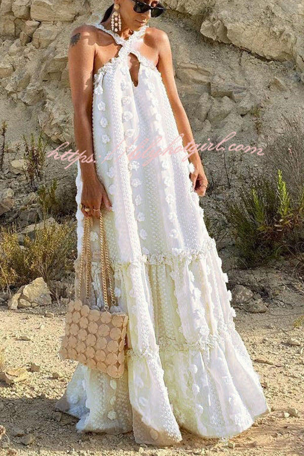 Sweet By The Sea Flower Decor Halter Maxi Dress