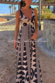 Sabine Geometric Print V-Neck Back Smocked A-line Maxi Dress