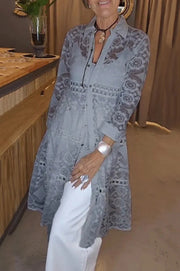 Solid Color Hollow Lace Lapel Button Long Shirt