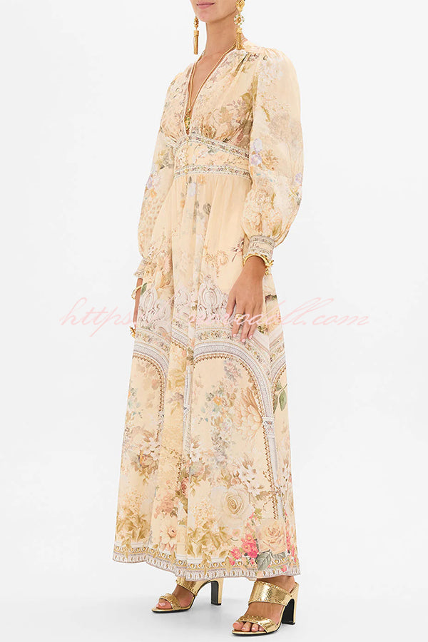 Fairy Tale Print V-Neck Lantern Sleeve Waist Maxi Dress