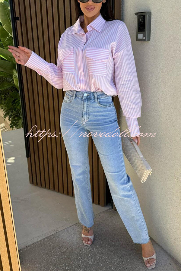 Stripe Print Lapel Long Sleeve Pocket Casual Shirt
