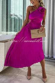 Romantic Nights Satin Raised Flower Elastic Cutout One Shoulder Pleated Maxi Dress