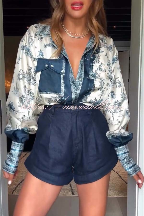 Bohemian Elegant Satin Contrast Color Unique Print Button Up Pocket Loose Blouse