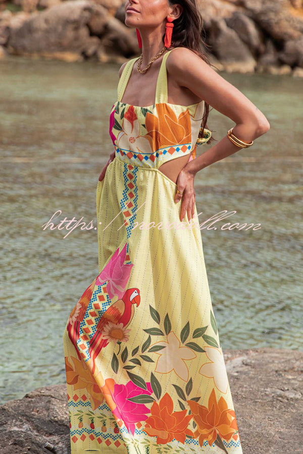 Resort Style Unique Print Sexy Square Neck Backless Waist Maxi Dress