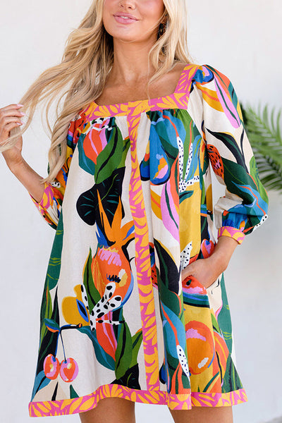 Shining Beauty Linen Blend Tropical Abstract Print Pocketed Mini Dress