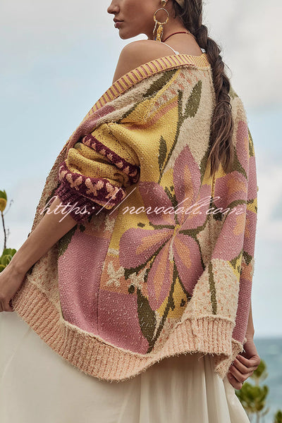 Floral Pattern Loose Long-sleeved Knitted Cardigan