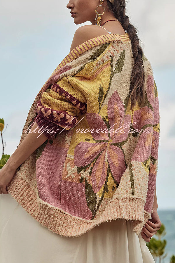 Floral Pattern Loose Long-sleeved Knitted Cardigan