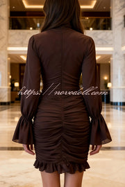 Sexy See-through Tulle High-neck Waist Pleated Ruffle Mini Dress