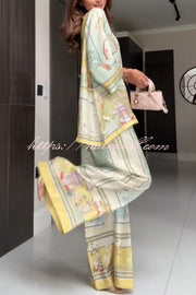 Elonie Satin Floral Print V-neck Half Sleeve Top and Elastic Waist Wide Leg Pants Set