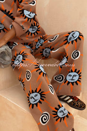 Mediterranean Art Knit Unique Sun Vortex Print Elastic Waist Wide Leg Pants
