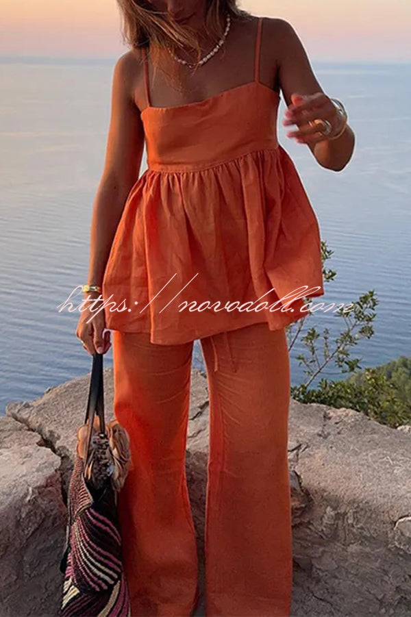 Solid Color Casual Suspender Loose Top and Elastic Waist Wide Leg Pants Set
