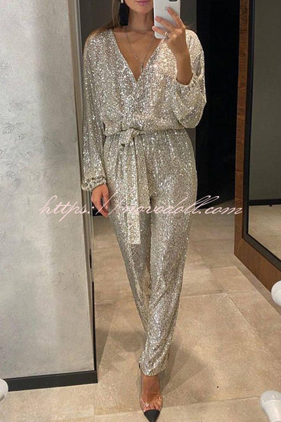 Cheers To You Sequin Long Sleeve Belted Wrap Loose Jumpsuit