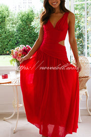 Solid Color V-neck Waist Hollow Slim Maxi Dress