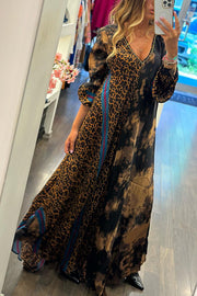 Touch of Fall Tie-dye Leopard Colorblock A-line Swing Maxi Dress