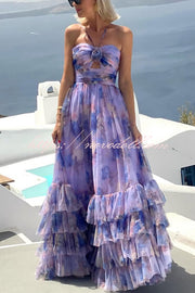 Dreamy Clouds Tulle Printed Rose Detail Cutout Ruffles Tiered Halter Maxi Dress