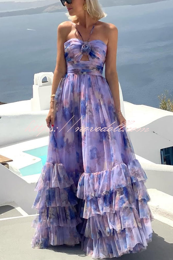 Dreamy Clouds Tulle Printed Rose Detail Cutout Ruffles Tiered Halter Maxi Dress