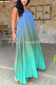 Sea goddess Gradient Print Pleated Halter Backless A-line Maxi Dress