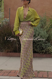 Moonlit Waltz Knit Jacquard Zigzag Print High Rise Stretch Flare Maxi Skirt