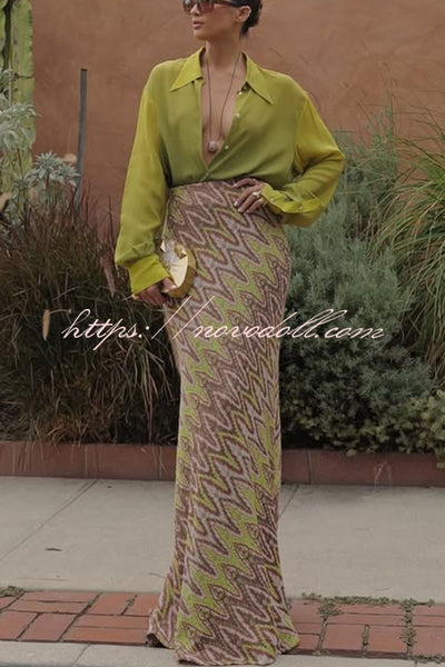 Moonlit Waltz Knit Jacquard Zigzag Print High Rise Stretch Flare Maxi Skirt