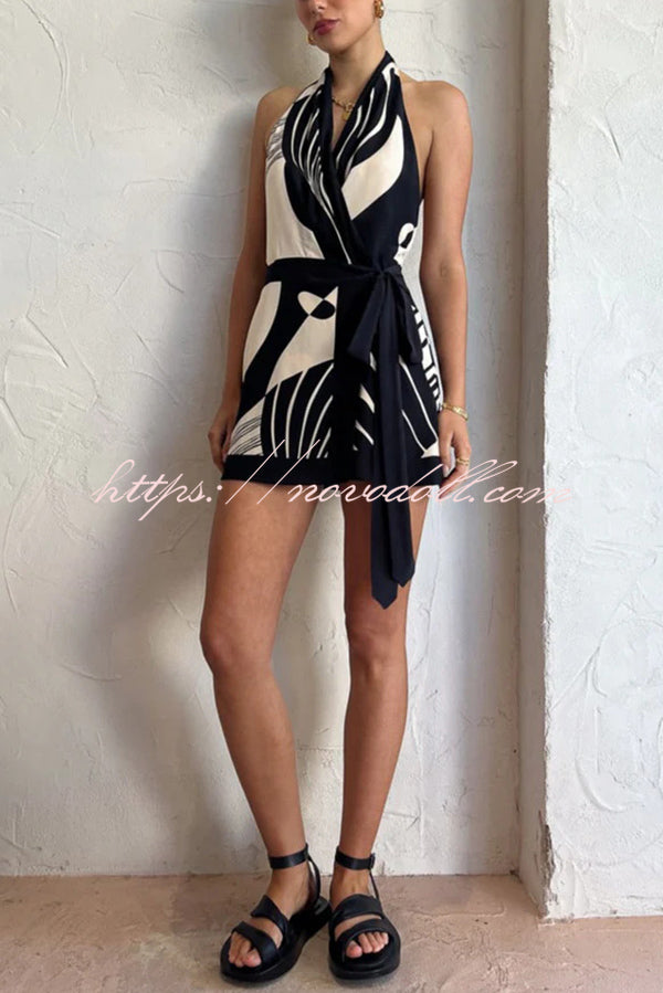 Unique Printed Open Back Waist Tie Holiday Mini Dress