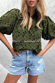 Hollow Embroidered Lace V-neck Buttoned Lantern Sleeve Blouse