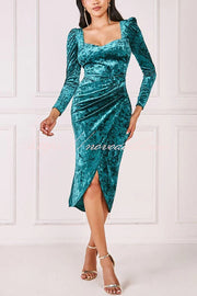 Solid Color Velvet Long-sleeved Slim-fit Slit Midi Dress