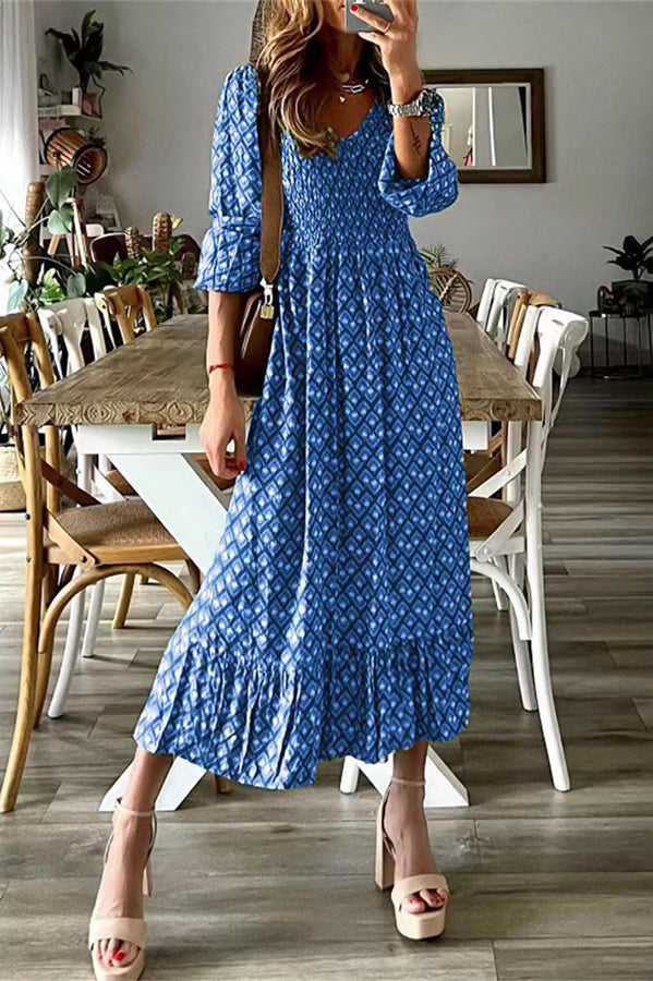 Kennan Ethnic Print Smocked Bust Long Sleeve Relaxed Midi Dress